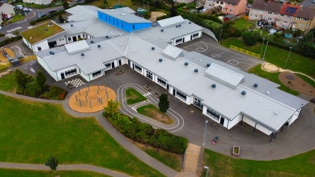 An aerial shot, taken from a drone, of Gorebridge Primary School